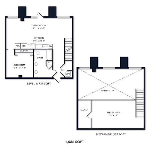 Floor Plan  A floor plan of a two-level apartment with a total area of 1,086 square feet.
