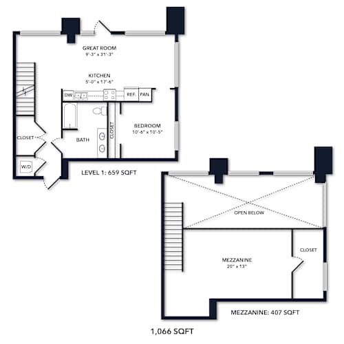 Floor Plan  A floor plan shows a two-level home with a total area of 1,066 square feet.