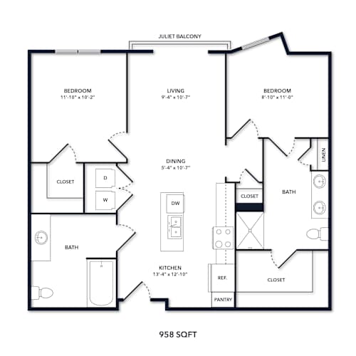 Floor Plan  A floor plan of a 958 square foot apartment
