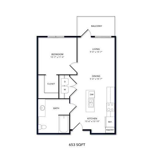 Floor Plan  A floor plan of a 653 square foot home.
