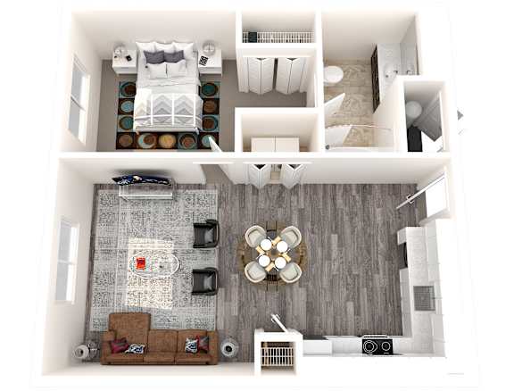 Floor Plan  A 3D floor plan image of a one-bedroom one-bathroom apartment in Sandy Utah