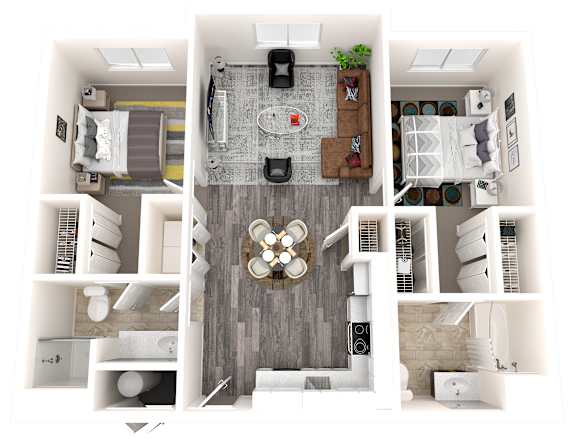 Floor Plan  A 3D floor plan image of a two-bedroom two-bathroom apartment in Sandy Utah