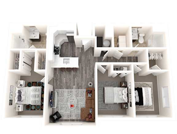 Floor Plan  A 3D floor plan image of a three-bedroom two-bathroom apartment in Sandy Utah