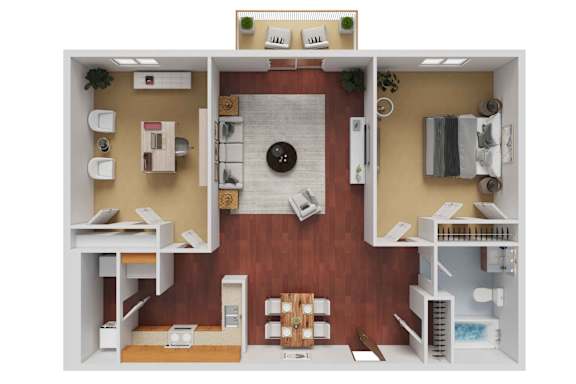 Floor Plan  A 3D floor plan of a small apartment with a kitchen, living room, and bathroom.