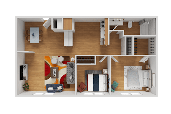 Floor Plan  A top-down view of a small apartment with a kitchen, living room, and bedroom.