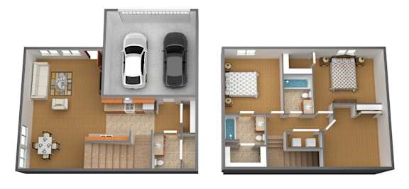 Floor Plan  A floor plan of a two-bedroom apartment with a garage for one car.