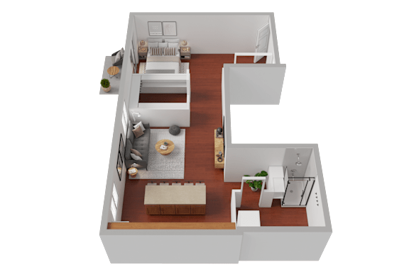 Floor Plan  A 3D floor plan of a house with a kitchen, living room, and two bedrooms.