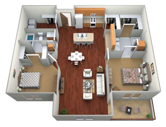 Floor Plan  A 3D floor plan of a house with a kitchen, living room, dining room, and two bedrooms.