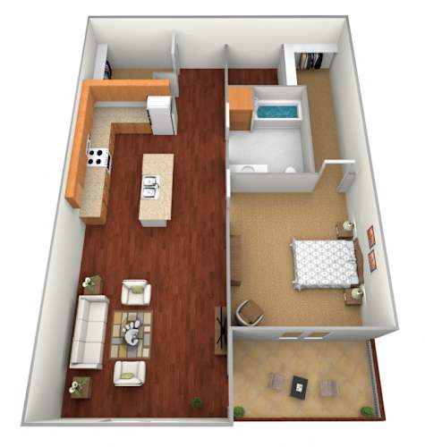 Floor Plan  A 3D floor plan of a small apartment with a kitchen, living room, and bedroom.