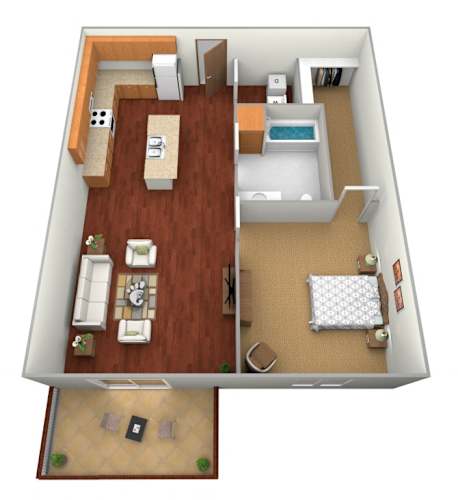 Floor Plan  A 3D floor plan of a small apartment with a kitchen, living room, and bedroom.
