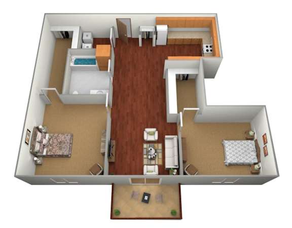Floor Plan  A 3D floor plan of a house showing a kitchen, living room, dining room, and two bedrooms.