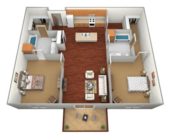 Floor Plan  A 3D floor plan of a house with a kitchen, living room, dining room, and two bedrooms.
