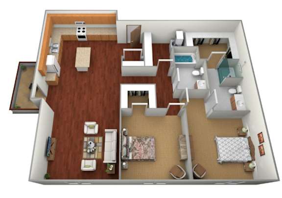 Floor Plan  A 3D floor plan of a house with a kitchen, living room, and bedrooms.