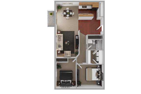 Floor Plan  A top-down view of a small apartment layout with a kitchen, living room, and bedroom.