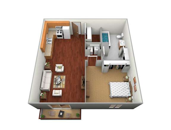 Floor Plan  A 3D floor plan of a small apartment with a kitchen, living room, and bedroom.