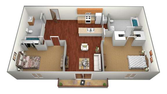 Floor Plan  A top down view of a small apartment with a kitchen, living room, and two bedrooms.