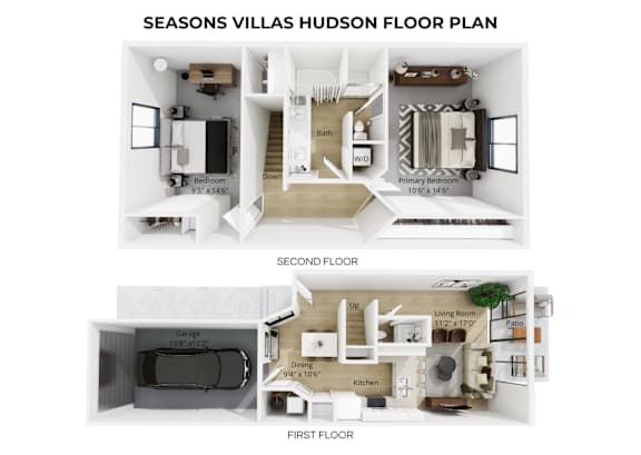 Floor Plan  A floor plan of a Seasons Villas Hudson showing the layout of the first, second and third floors.