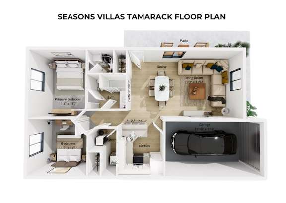 Floor Plan  A floor plan of a Seasons Villas Tamarack showing a primary bedroom, a living room, a dining room, a kitchen, and a garage.