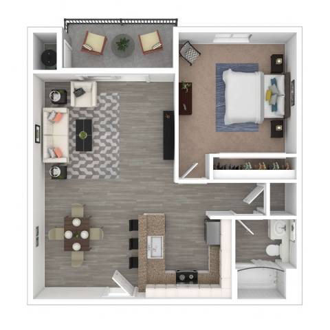 Floor Plan  A floor plan of a small apartment with a kitchen, living room, and bathroom.