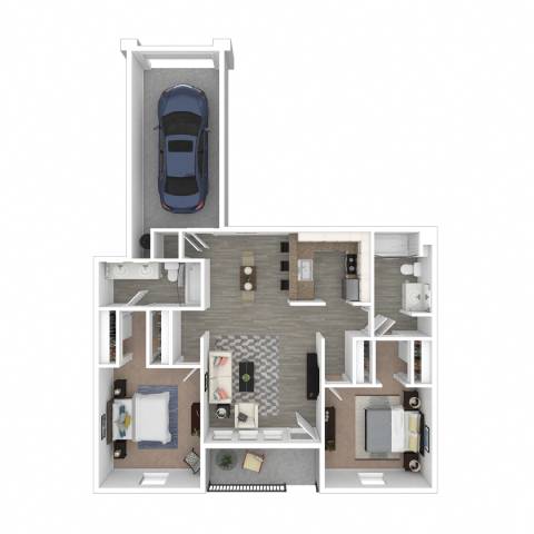 Floor Plan  A 3D floor plan of a house with a car parked in the garage.