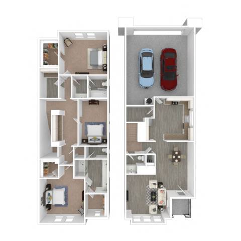 Floor Plan  A floor plan of a two-story apartment with a garage for two cars.