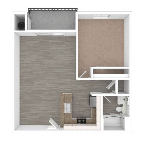 Floor Plan  A floor plan of a small apartment with a bedroom, bathroom, and kitchen.