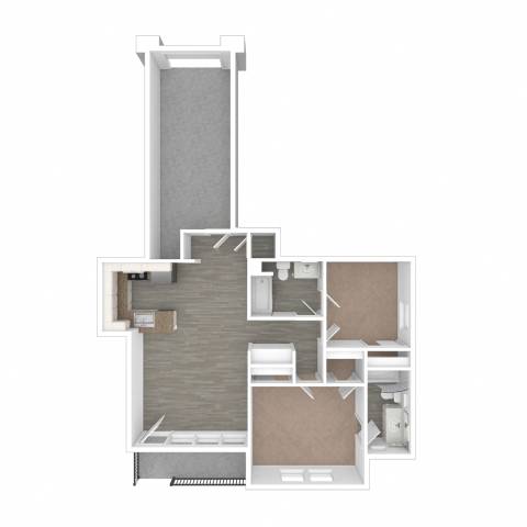 Floor Plan  A floor plan of a home with a kitchen, living room, and two bathrooms.