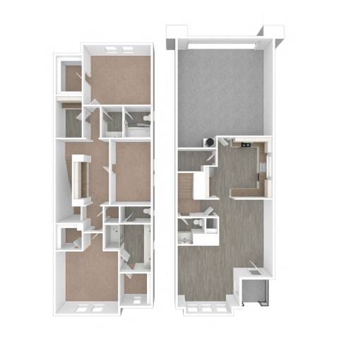 Floor Plan  A floor plan of a two-story apartment with a living room, kitchen, and bedrooms.