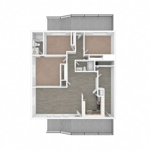 Floor Plan  A floor plan of a house with a kitchen, living room, and two bedrooms.