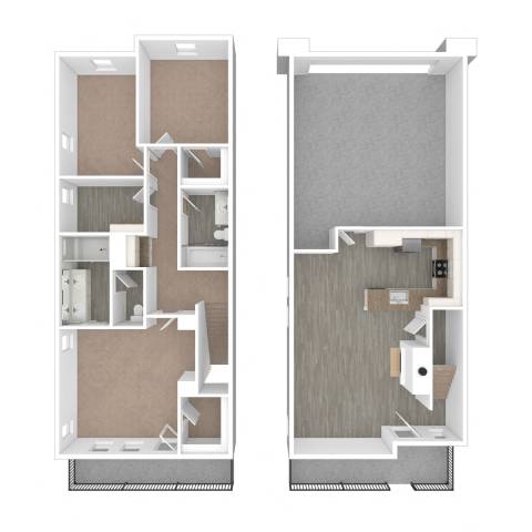 Floor Plan  A floor plan of a two-story apartment with a kitchen, living room, and bedrooms.