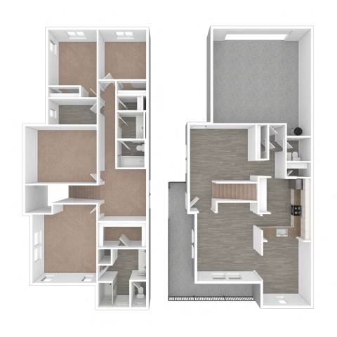Floor Plan  Two images of a house layout with a kitchen, living room, and bedrooms.