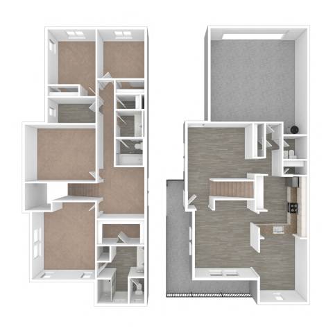 Floor Plan  Two images of a house layout with a kitchen, living room, and bedrooms.