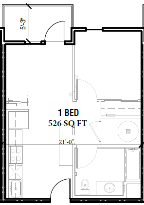 Floor Plan  A floor plan of a 1 bedroom, 526 square feet apartment.