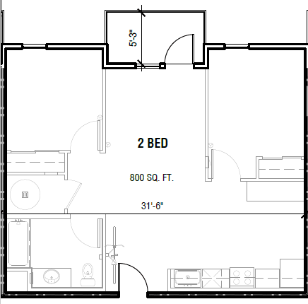 Floor Plan  A floor plan of a 2 bedroom apartment sized 800 square feet.