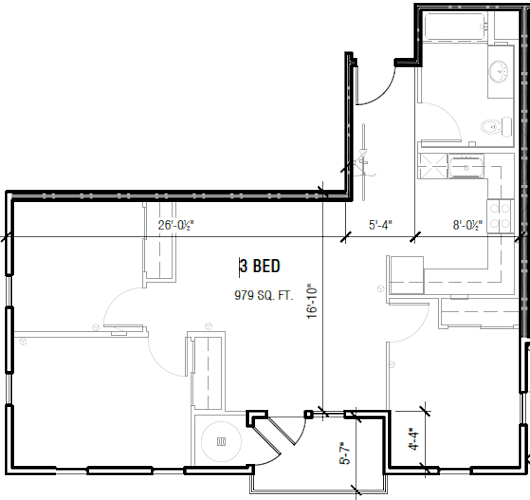 Floor Plan  A floor plan of a 3 bedroom apartment with a total area of 979 square feet.