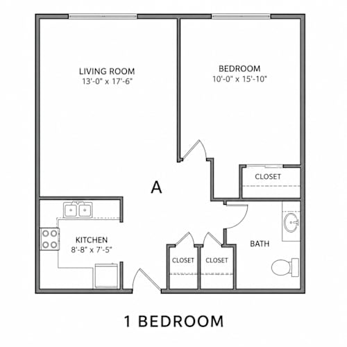 Floor Plan  A floor plan of a one bedroom apartment with a living room, bedroom, kitchen and bathroom.