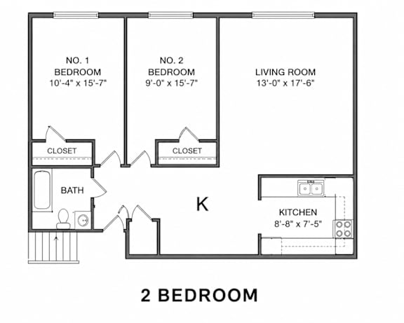 Floor Plan  A drawing of a 2 bedroom apartment.
