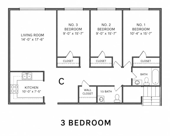 Floor Plan  A drawing of a 3 bedroom apartment.