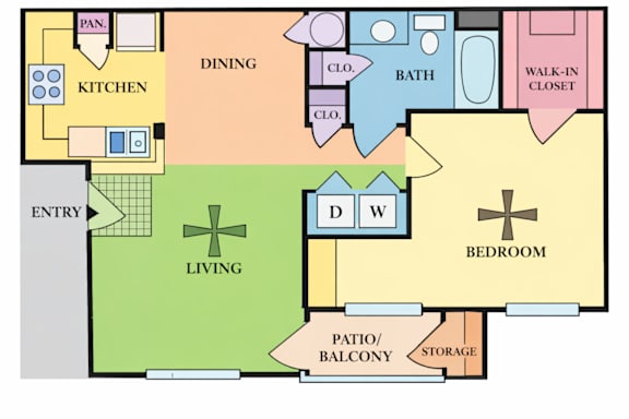 Floor Plan  A floor plan of a house with a living room, dining room, kitchen, bedroom, bathroom, and walk-in closet.