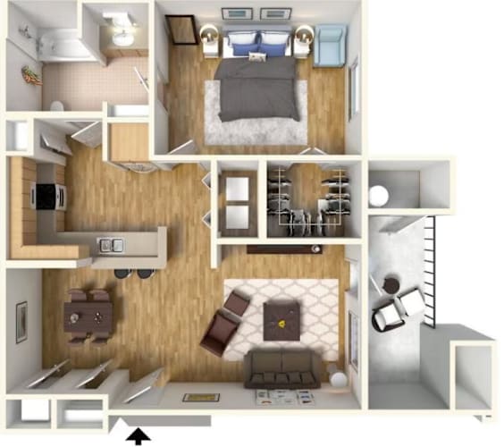 Floor Plan  A 3D rendered image of a small apartment layout.