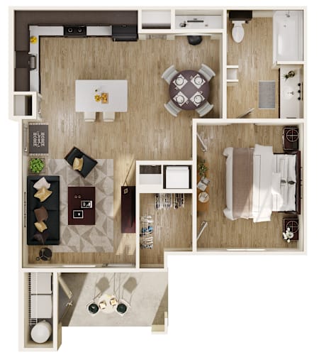 Floor Plan  A top-down view of a small apartment with a kitchen, living room, and bathroom.