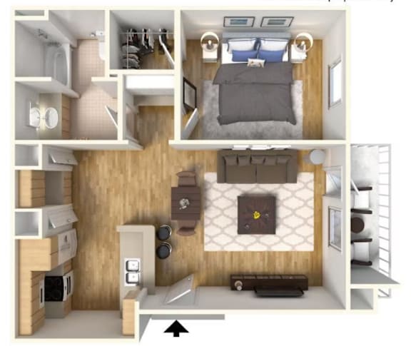 Floor Plan  A 3D rendered image of a small apartment layout.