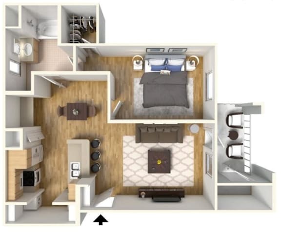 Floor Plan  A 3D rendered image of a small apartment layout.