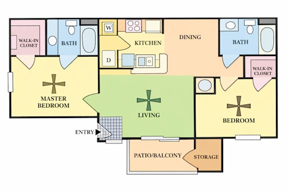 Floor Plan  A floor plan of a house with a living room, two bedrooms, a kitchen, a dining area, two bathrooms, a walk-in closet, and storage.