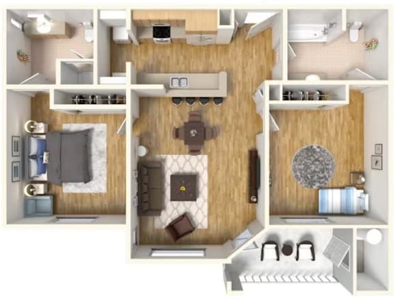 Floor Plan  A top-down view of a small apartment with a kitchen, living room, and bedroom.