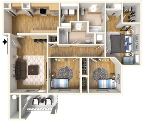 Floor Plan  A 3D floor plan of a house with multiple rooms and furniture.