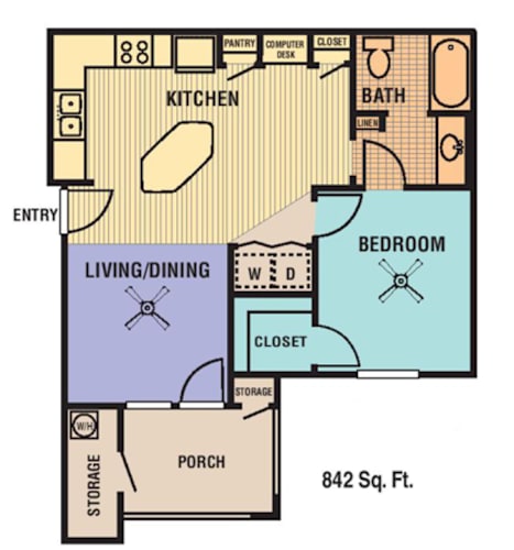 Floor Plan  A floor plan of a 842 square feet home with a living room, dining room, kitchen, two bedrooms, a bath, a porch, and storage.