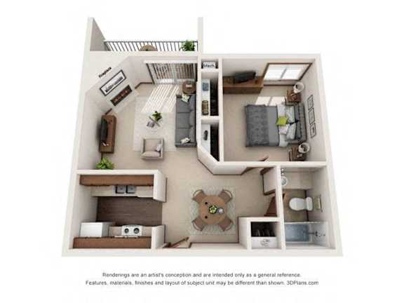 Floor Plan  A floor plan of a small apartment with a kitchen, living room, and bedroom.