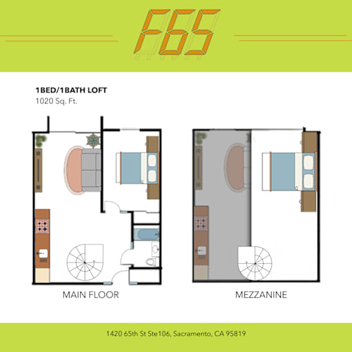 Floor Plan  A floor plan of a 1 bedroom/1 bathroom loft sized at 1020 square feet.