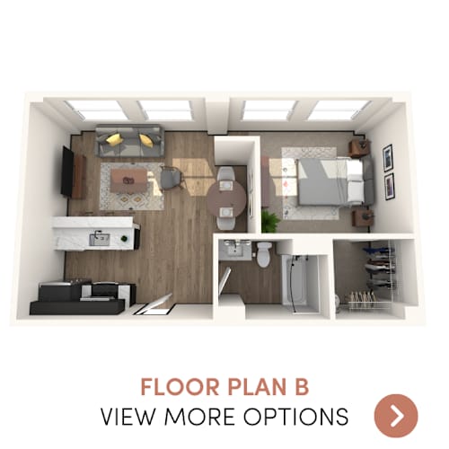 Floor Plan  A floor plan of a small apartment with a kitchen, living room, and bedrooms.